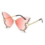 YAMEIZE Women Rimless Sunglasses Butterfly Vintage Retro Funky Coloured Diamond Rhinestone Glasses Rave 70s Party Sunglasses UV Protection Gradient Pink