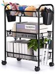 MEHUKOJ 3 Tier All-Metal Rolling Utility Cart with Locking Wheels,Easy-Carry and Assembly Mesh Trolley Cart with 2 Small Baskets and 4 Hooks for Bathroom Kitchen Office Balcony,Slide-Out Narrow Shelf