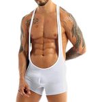 FEESHOW Men's Stretchy Jockstrap Boxer Briefs Wrestling Singlet Open Front Bodysuit Underwear Jumpsuit White Large