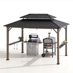 Sunjoy Wooden Grill Gazebo, 8 x 12 ft. Steel Hardtop Gazebo with Solar Power for Year-Round Grilling - 2 Full Size Grills, Griddles or Smokers - Outdoor Cooking Shelter for Backyard BBQs Party, Brown