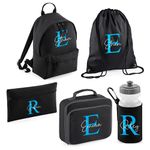 Personalised Kids Back To School Kit with Custom Name & Initial | Black with Blue Initial Backpack, Lunch Bag, PE Bag, Pencil Case & Water Bottle | Ideal for Boys Starting Nursery or School