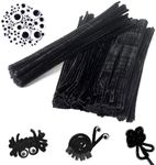 200 Pieces Black Pipe Cleaners For Craft With 100 Pieces Eyes, Black Pipe Cleaners For Hair, 30cm X 6mm Pipe Cleaners Black For Halloween Diy Craft Supplies