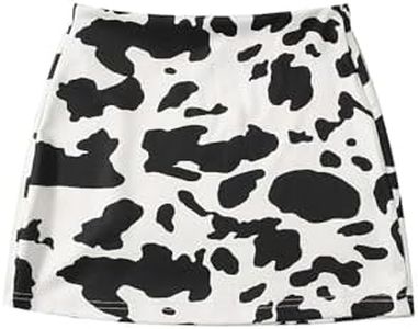 WDIRARA Girl's Cow Print Summer Split Hem High Waist Zipper Casual Short Skirt Cow Print White 7Y