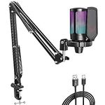 Fifine Gaming Microphone for PC Computer, USB Streaming Condenser Mic Kit with RGB, Quick Mute, Gain Knob, Boom Arm Stand, Pop Filter for Podcasts YouTube Discord-A6T