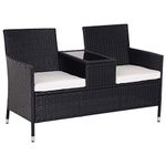 Outsunny Garden Rattan 2 Seater Companion Seat Wicker Love Seat Weave Partner Bench w/Cushions Patio Outdoor Furniture (Black)