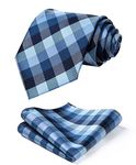 HISDERN Extra Long Check Tie Handkerchief Men's Necktie & Pocket Square Set, XL, 63 inches length, Navy Blue & Gray 2