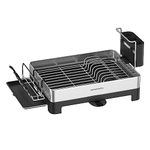 SONGMICS Dish Drying Rack, Stainless Steel Dish Drainer with Rotatable Spout, Drainboard, Cup Holder, Fingerprint-Resistant, for Kitchen Counter, 31.7 x 57.2 cm, Silver and Black KCS030B01
