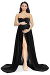 ZIUMUDY Maternity Chiffon Strapless Maxi Photography Dress Split Front Gown for Photoshoot (B - Black)