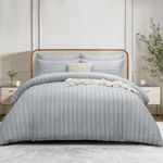 RUIKASI Double Duvet Cover Set - Satin Stripes Duvet Cover with 2 Pillowcases, Grey Double Bedding Bed Set with Zip Fastening, Ultra Soft Microfiber Quilt Bed Cover