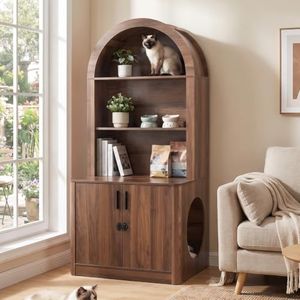 Cat Litter Box Enclosure, Wood Arched Hidden Cat Cabinet, Walnut, XXL