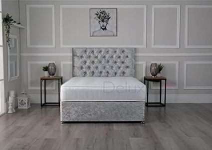 Comfy Deluxe LTD Crushed Velvet Divan Bed Base with Memory Sprung Mattress and Matching Fabric Chesterfield Headboard (Purple, 4FT6-0 Drawers)