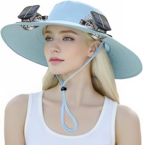 Solar Fan Hat with Two Display Screen Fans, Women's Outdoor Hiking and Fishing Sun Shading Hat, Large Eave UV Resistant Fisherman (Blue)
