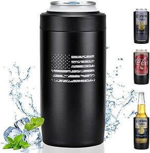 4-in-1 Slim Can Cooler Easy to Hold Insulated Beer Can Holder Double-walled Stainless Steel for All 12 Oz Cans (Black America Flag)