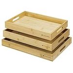 Navaris Bamboo Serving Trays - Set of 3 Trays with Handles Made from Real Bamboo for Drinks, Food, Breakfast in Bed - Tea Trays, Large, Medium, Small