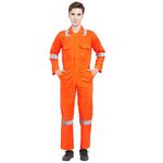 FRENCH TERRAIN® MEN'S 100% COTTON FIRE RETARDANT INDUSTRIAL WORK WEAR COVERALL BOILER SUIT with REFLECTIVE TAPE 245 GSM (S - 36, ORANGE)