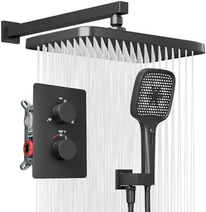 Alphabath Thermostatic Shower System, High Pressure shower faucet set with 14 Inch Rainfall Shower Head & 2-in-1 Handheld, Shower Valve and Trim Kit Included, Matte Black