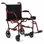 Medline Ultralight Transport Chair, 19" Wide Seat, Permanent Desk-Length Arms, Swing Away Footrests, Red Frame