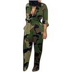 Women's Leopard Camouflage Print Jumpsuits Sexy V-Neck Long Sleeve Rompers Belt Wide Leg Lounge Pants Pocket Overalls, Army Green, Small