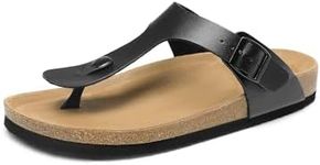 DREAM PAIRS Women's Cork Footbed Flip Flops Comfortable Arch Support Cushioned Adjustable Buckle Thong Sandals for Summer Shoes,Size 7.5,Black,DWUMFF2501