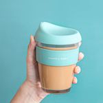 Country Bean Blue Travel Mug 350ml | Borosilicate Glass Keep Cup with Silicon lid and Sleeve | Enjoy hot Beverages on-The-go