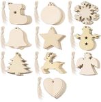 StepsToDo 50 Pieces Wooden Christmas Ornaments Cutouts. Unfinished 10 Different Type of Christmas Hanging Ornaments for Xmas Craft (5 Each). Blank Christmas Wood Cutouts for DIY Crafts.