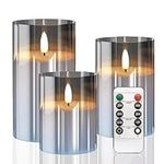 Gray Glass flameless Candles Flickering with Remote, Moving Wick Battery Operated Realistic Warm Light Candle, for Party Wedding Festival Tabletop Decoration, Set of 3 [Energy Class A+]