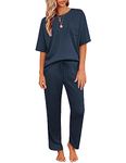 JiniGolla Waffle Knit Lounge Set 2 Piece Short Sleeve Pajama Set Cute Pj Set Navy Blue M