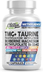 Clean Nutraceuticals TMG Taurine Supplement - Methylated Multivitamin with B6 Vitamins, B12, D3 K2, Magnesium Methylfolate Milk Thistle Omega 3 Turmeric NAC L Carnitine Creatine COQ10 & More, 90 Ct