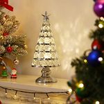 Lewondr Christmas Tree Lamp, 14 Inch Battery Powered Crystal Treetop Lighted Christmas Tree Decorative Light LED Lamp, Handmade Glass Tabletop Christmas Tree Ornament for Home Party Gift, Silver