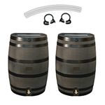 RTS Home Accents 50 Gallon Flat Back Rain Barrel with Link Kit, Woodgrain with Black Stripes (2 Pack)