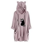 Xmiral Hoodie Women Printing Pocket Loose Cat Ears Hooded Tops Thin Sweatshirt Cat Graphic Women Long Sleeve Pullover Hoodies Tops for Girls Teens(Pink-cat 1,M)