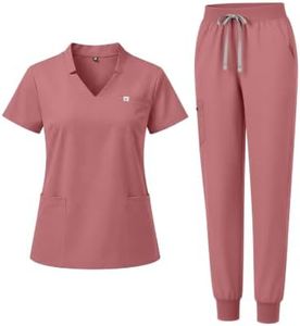 Eadflie Scrubs for Women Set- V-neck Slit Top & Tapered Jogger Pants, 8-Pocket Stretch Uniforms for Nurses & Healthcare Professionals- [Flesh Pink/S]