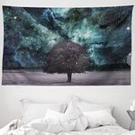 ABAKUHAUS Space Tapestry, Outer Cosmos Nebula Galaxy Stars Mars Jupiter a Tree on a Planet Universe Print, Fabric Wall Hanging Decor for Bedroom Living Room Dorm, 90 W X 54 L, Pale Sage Green Grey