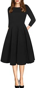 oxiuly Women's Vintage Patchwork Pockets Puffy Swing Casual Party Dress OX165, Black Solid7, Large