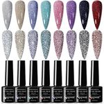 SUPWEE 8Colors Reflective Gel Polish Set Diamond Glitter Gel Nail Polish Disco Shiny Nail Polish Soak Off UV Gel Manicure Nail Salon Gift Kit 7ml(0.24fl.oz)