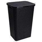 60L Large Plastic Rattan Style Laundry Clothes Storage Washing Bin Basket Hamper (Black)