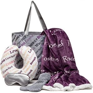 Chanasya 5-Piece Warm Hugs Positive Energy Healing Thoughts Comfort Caring Message Print Combo Gift Pack Throw Blanket, Neck Pillow, Eye Mask, Tote Bag, Socks - for Women Men Cancer Hospital Aubergine