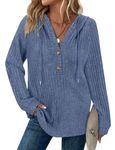 Jumpers for Women UK Drawstring Button V Neck Long Sleeve Sweaters Tops Womens Fall Fashion Outfits Clothes 2024 Casual Loose Solid Color Sweatshirt Hooded Tops Blue