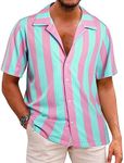 Hawaiian Shirt Men Floral Stripe Button Aloha Shirts Summer Beach Matching Casual Oufit Tropical Short Sleeve Top Tees, Pink, XX-Large