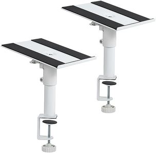 VIVO Clamp-on Speaker Stand Desk Mount Set, 10 x 9 inch Trays, Height Adjustment and Tilt, Universal Audio Holders for Computer and Bookshelf Speakers, Elevated Sound, 2 Pack, White, MOUNT-SP01CW