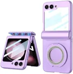 XIMAND for Samsung Galaxy Z Flip 5 Case with Magnetic Ring Holder Magnetic Hinge Protection & Built-in Front Screen Protector, Slim Texture Shockproof Case.(Purple)