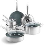 GreenPan Treviso Healthy Ceramic Non-Stick Stainless Steel Cookware, 10 pieces, Including Frying Pans Sauté Pan and Saucepan, PFAS-free, Induction, Oven Safe, Silver