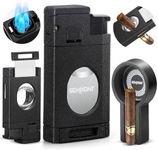 SEMKONT Cigar Lighter, Triple Jet Flame Cigar Lighter with Cigar Cutter, Windproof Butane Refillable Torch Lighters, 2 in 1 Multifunctional Cigar Lighter Gift Accessories Ashtray Set (Black)