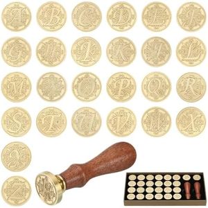 PATIKIL Alphabet Wax Seal Stamp Kit, 26 Letters A-Z Sealing Wax Stamp with 2pcs Wooden Handles, Gift Box Letter Initial Brass Head Vintage, Style 2