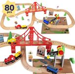 TOY Life Wooden Train Set 80pcs - Wood Train Set for Boys & Girls with Crane Wood Tracks Fits Thomas Brio Melisa Chugginton Train Track Set Wooden Railway - Toddler Boy Toy Train Set Boys Train Set 3+
