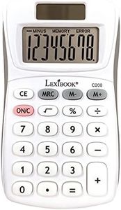 Lexibook, Calculatrice de Poche 8 Chiffres, Fonctions Basiques et mémoire, Touches en Silicone pour Bureau, Scolaire, Maison, Solaire & Piles, Blanche/Grise, C208