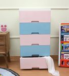 The Tickle Toe Plastic Chest of Drawer for Kids with 5 Drawers | Multipurpose Organizer | Dresser Storage for Small Clothing & Toys | Portable Kids Cabinet| L51xW33xH103Cm | Pink & Blue