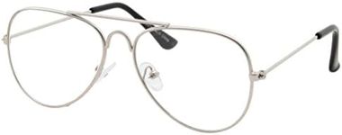 grinderPUNCH Kids Fake Aviator Eye Glasses Clear Lens Children's Non Prescription (Age 3-10), Silver