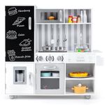 COSTWAY Kids Wooden Kitchen, Large Pretend Play Kitchen with Lights & Sounds, Blackboard, Realistic Oven, Sink, Utensils, Children Cooking Role Playset for Boys Girls (White+Silver)