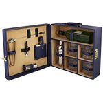 Anything & Everything Bar Set | Portable Leatherette Bar Set | Wine Case | Whisky Case | Wooden Bar Set for Picnic | Portable Bar Accessories Set (Holds 01 Bottle & 04 Whisky Glasses) (Blue & Beige)